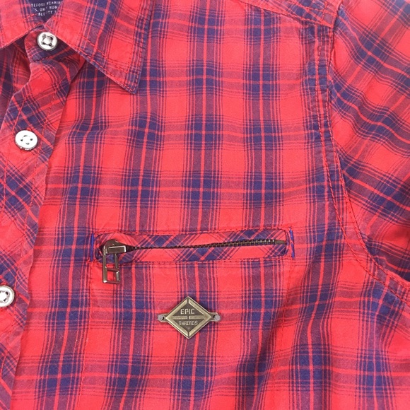 Epic Threads Shirt Junions Size Large Elbow Patches Red Plaid Button Up Outdoor - Picture 9 of 16